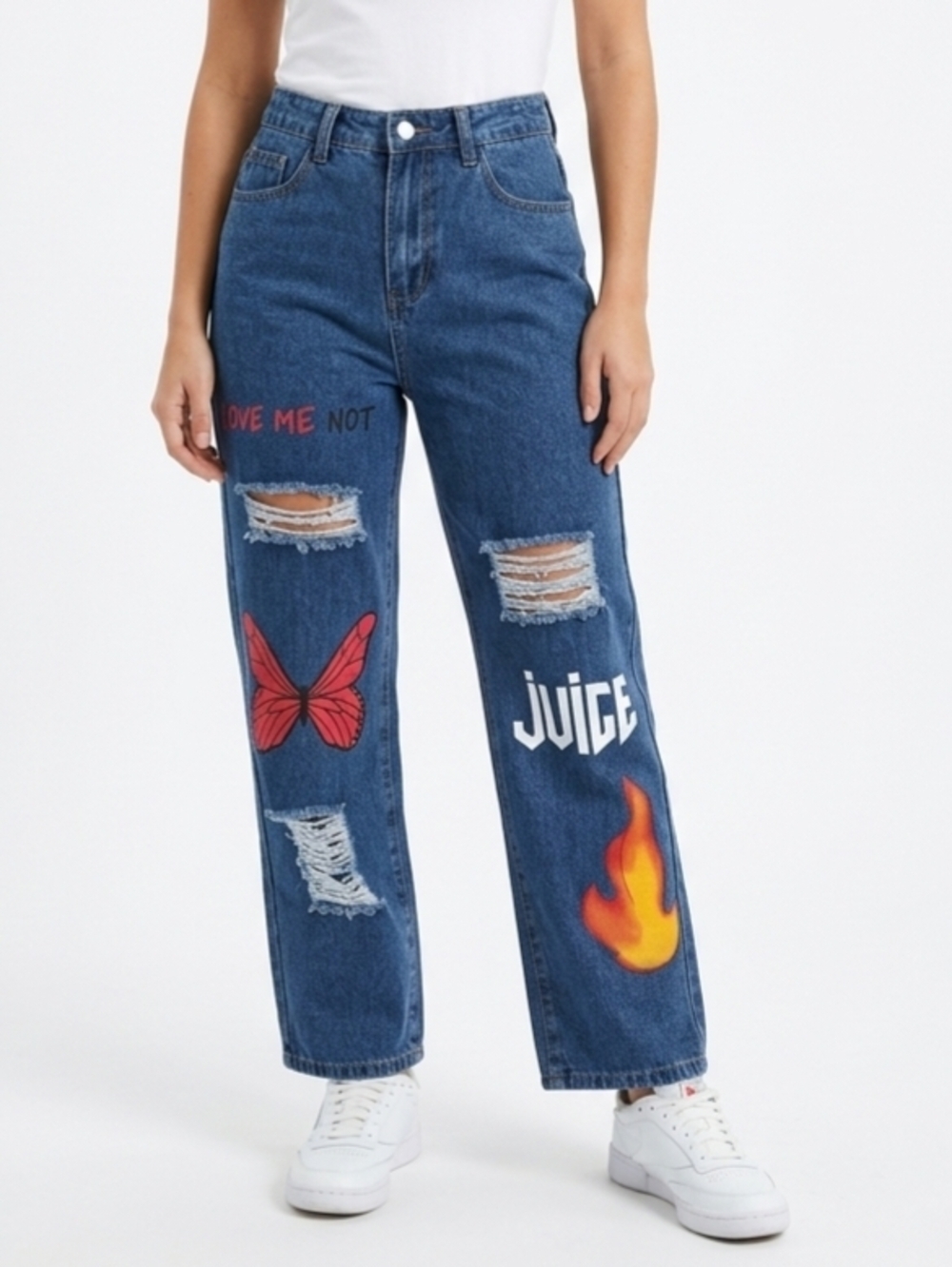 Y2K Graphic Ripped Straight Leg Jeans Butterfly Flame Print Medium Blue Wash